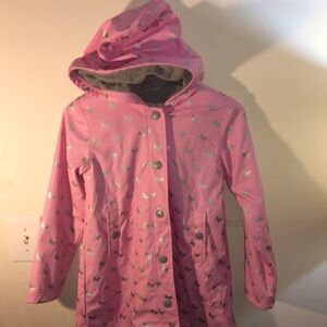 Girls Hatley Pink w/ Silver Butterflies Lined Rain Jacket. Size 12. Snap closure